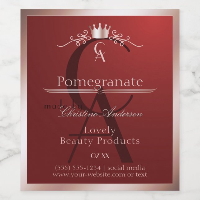 Luxury Red Product Label Rose Gold Frame Monogram (Single Label)