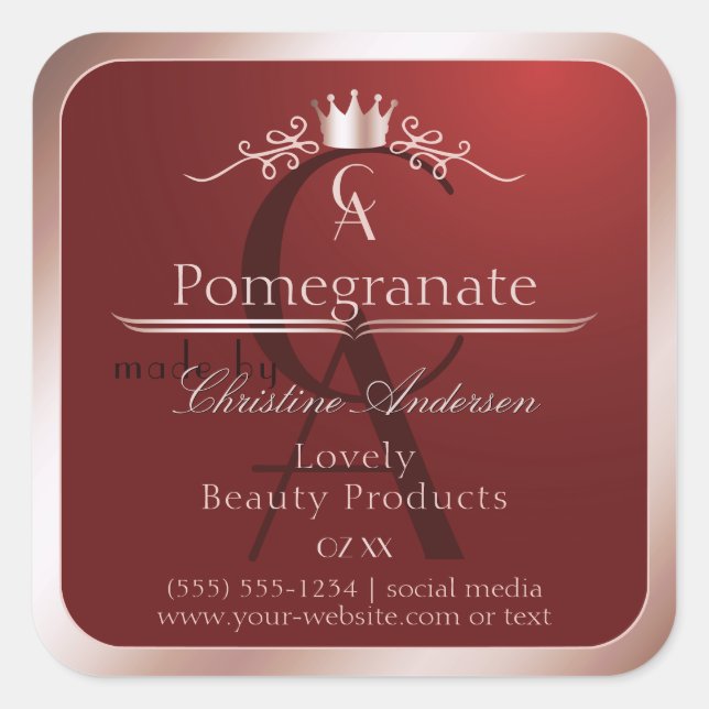 Luxury Red Product Label Rose Gold Frame Monogram (Front)