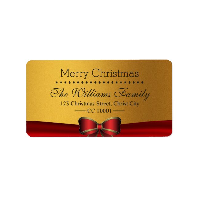 Luxury Red Ribbon & Gold Glitter Christmas Address Label (Front)