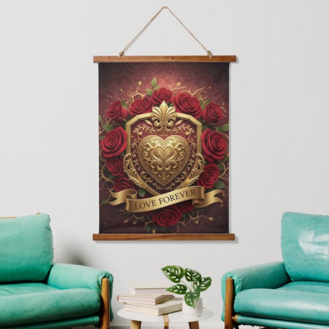 Luxury Red Rose Gold Heart Wall Tapestry (Living Room)
