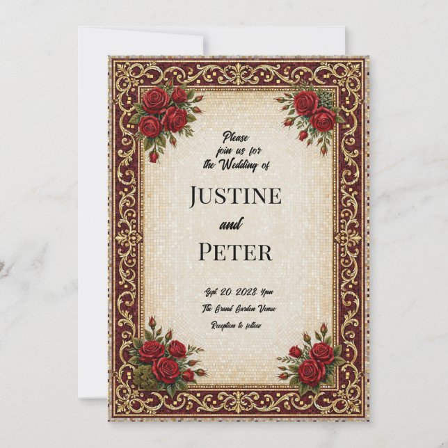 Luxury Red Rose Mosaic Wedding Invitation (Front)