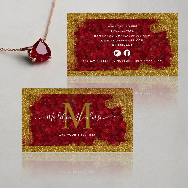 Luxury Red Ruby Gold Brush Social Media  Business Card (Creator Uploaded)