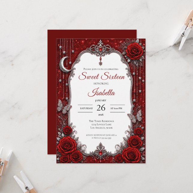 Luxury Red Silver Princess Sweet 16 Invitation (Front/Back In Situ)
