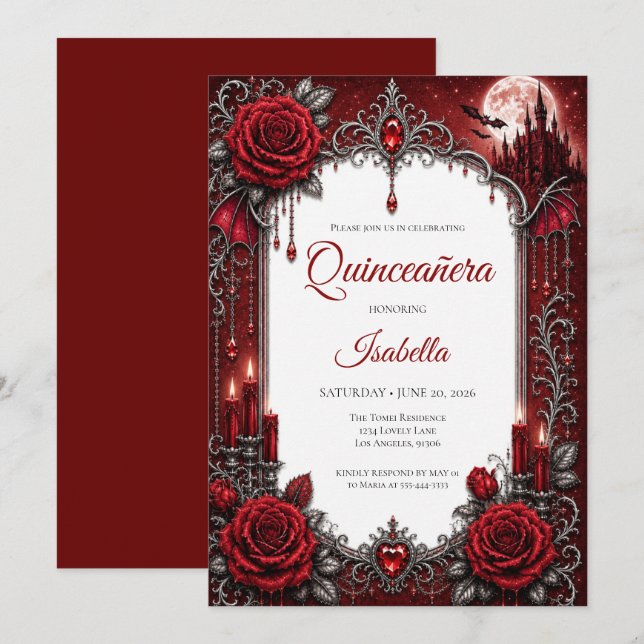 Luxury Red Silver Quinceañera Invitation (Front/Back)