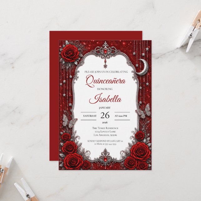 Luxury Red Silver Quinceañera Invitation (Front/Back In Situ)