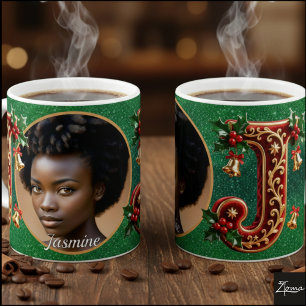 Luxury Red Velvet Gold Christmas Letter J Coffee Mug