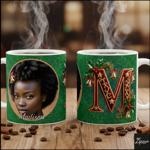 Luxury Red Velvet Gold Christmas Letter M Coffee Mug