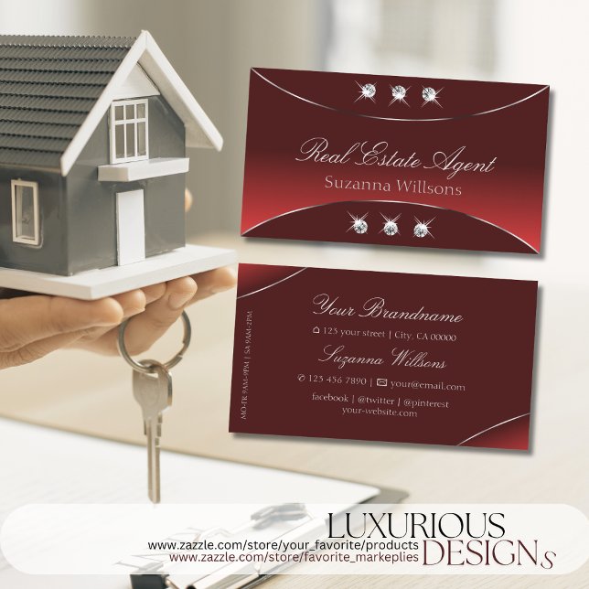 Luxury Red with Silver Decor and Sparkly Diamonds Business Card (Creator Uploaded)
