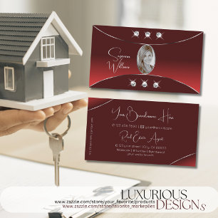 Luxury Red with Silver Decor Diamonds and Photo Business Card
