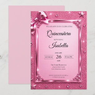 Luxury Rhinestones Pink Glitter Quinceañera Invitation