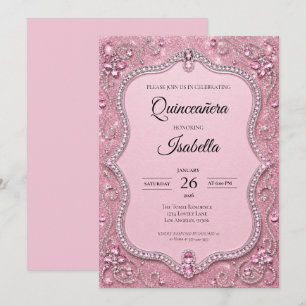 Luxury Rhinestones Pink Glitter Quinceañera Invitation