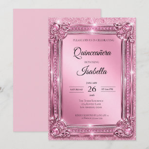 Luxury Rhinestones Pink Glitter Quinceañera Invitation