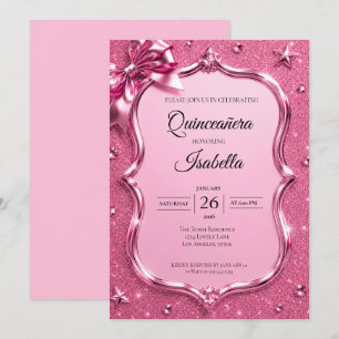 Luxury Rhinestones Pink Glitter Quinceañera Invitation