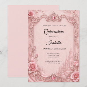 Luxury Rhinestones Pink Quinceañera Invitation