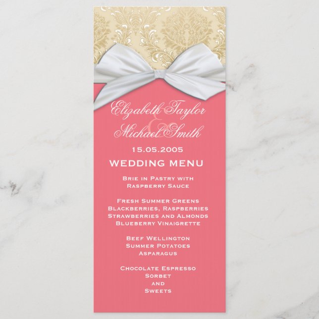 Luxury Ribbon Pink Gold Damask Wedding Menu (Front)