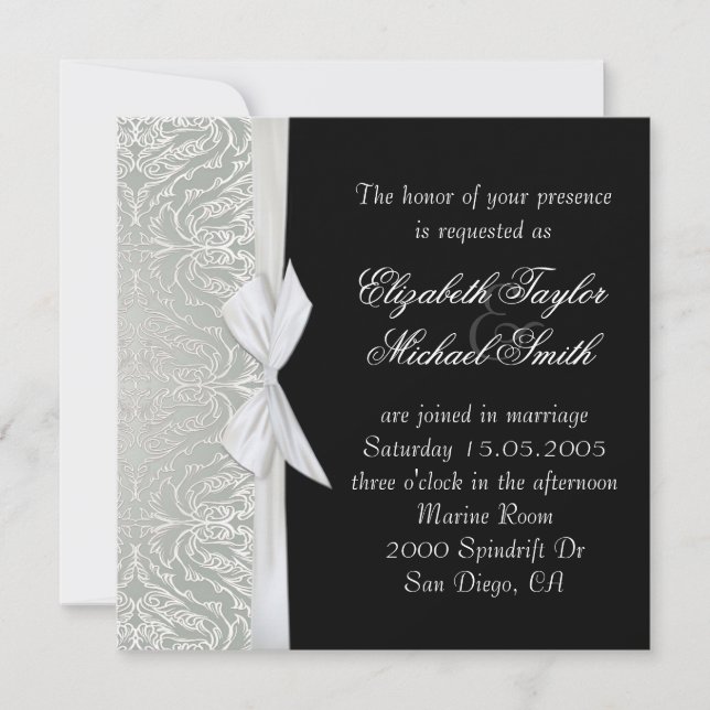 Luxury Ribbon Silver/Black Damask Wedding Invite (Front)