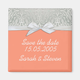 Luxury Ribbon Silver/Coral Damask Save the date Magnet