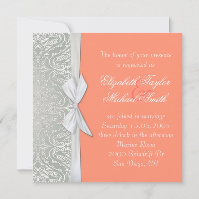 Luxury Ribbon Silver/Coral Damask Wedding Invite (Front)