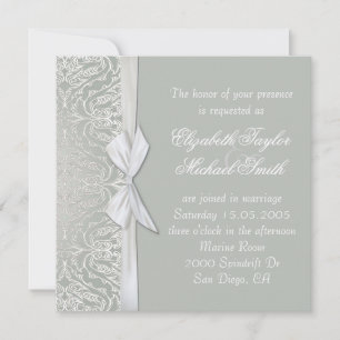 Luxury Ribbon Silver/Grey Damask Wedding Invite