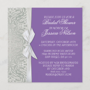 Luxury Ribbon Silver/Purple Damask Shower Invite