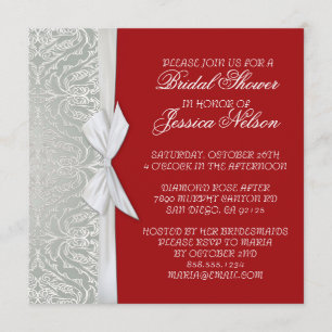 Luxury Ribbon Silver/Red Damask Shower Invite