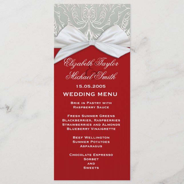 Luxury Ribbon Silver/Red Damask Wedding Menu (Front)