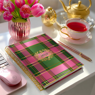 Luxury Rich Pink Green Plaid Crest Monogram Notebook