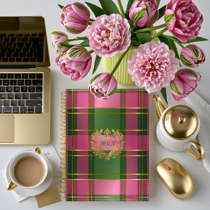 Luxury Rich Pink Green Plaid Crest Monogram Notebook