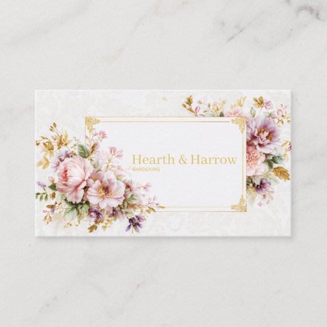Luxury Romantic Blush Floral Peony and Gold Frame Business Card (Front)