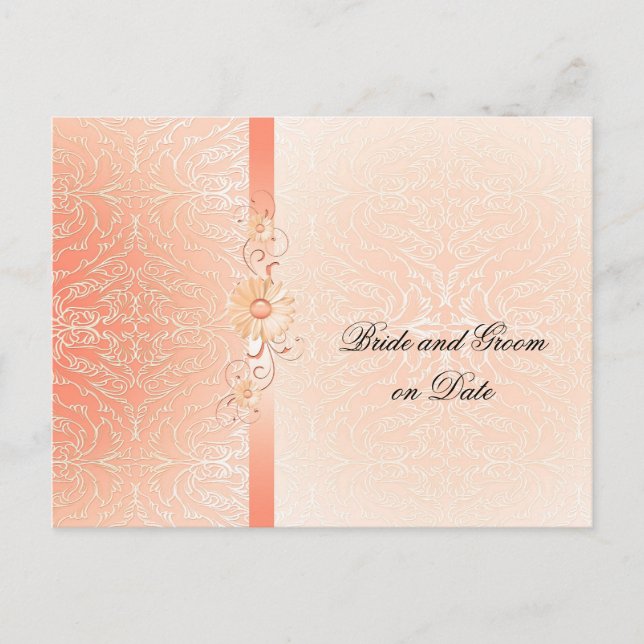 Luxury Romantic Coral Damask Save date card (Front)