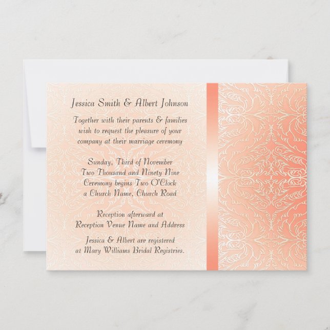 Luxury Romantic Coral Damask  Wedding Invite (Front)