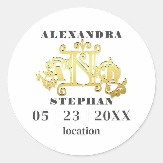 Luxury Romantic Flourish Calligraphy Wedding Gold Classic Round Sticker (Front)