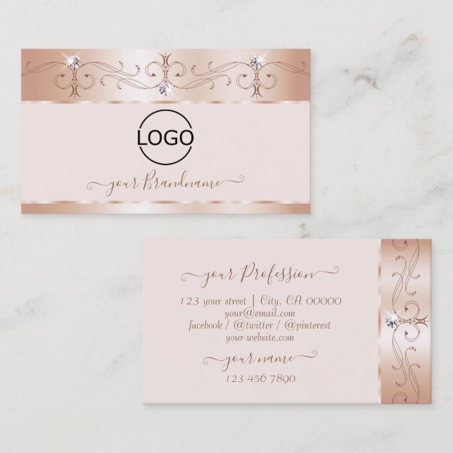 Luxury Rose Coral Ornate Sparkle Diamonds Add Logo Business Card (Front/Back)