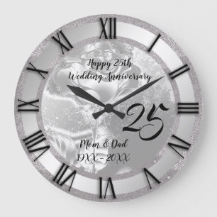 Luxury Rose Glitter Silver 25th Anniversary Large Clock