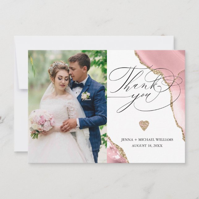 Luxury Rose Gold Agate Glitter Photo Wedding Thank You Card (Front)