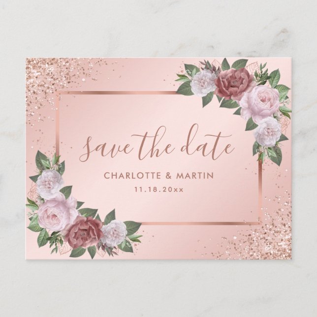 Luxury Rose Gold and Blush Pink Floral Wedding Announcement Postcard (Front)