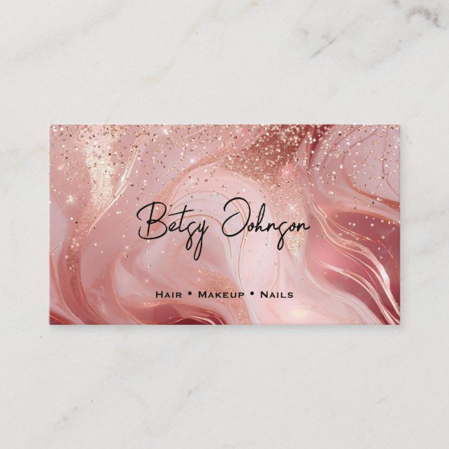 Luxury Rose Gold and Glitter Marbled Business Card (Front)