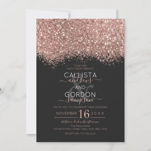 Luxury Rose Gold Black Glitter Confetti Wedding Invitation (Front)