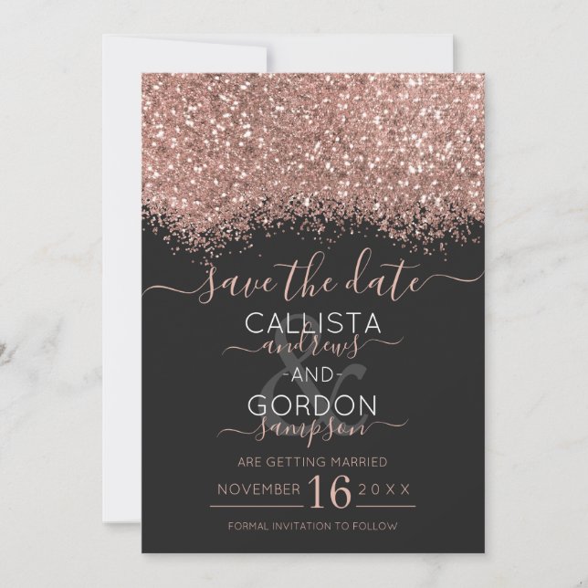 Luxury Rose Gold Black Glitter Confetti Wedding Save The Date (Front)