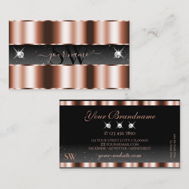Luxury Rose Gold Black Sparkling Diamonds Monogram Business Card (Front/Back)