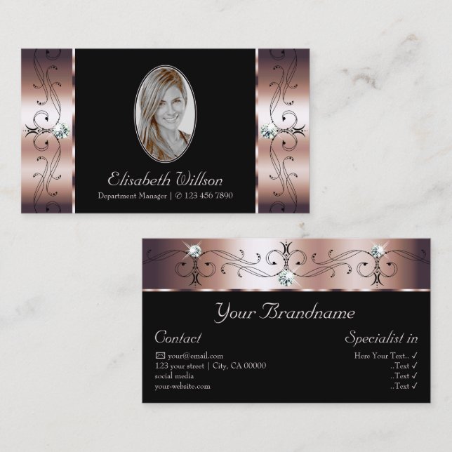 Luxury Rose Gold Black Squiggled Jewels with Photo Business Card (Front/Back)