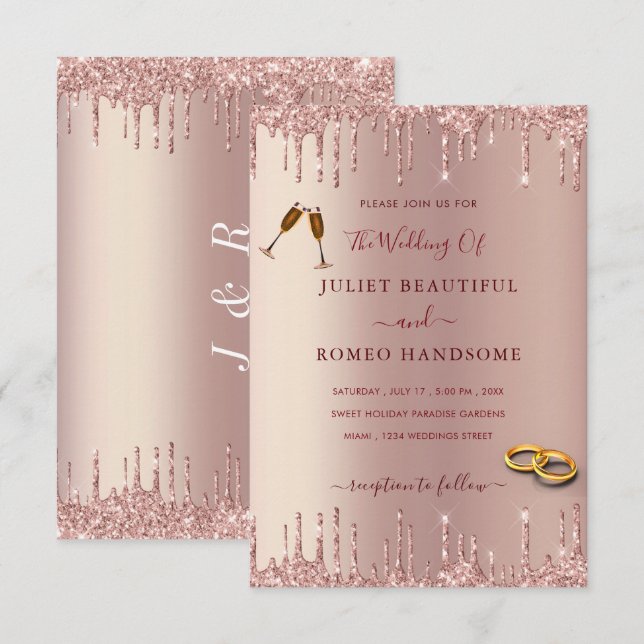 Luxury Rose Gold Blush Drips Wedding Invitation (Front/Back)