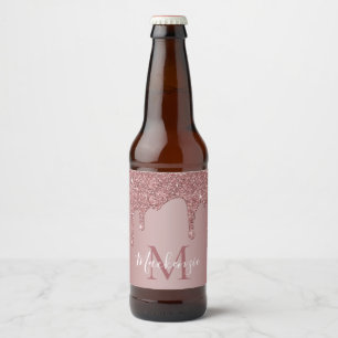Luxury Rose Gold Dripping Glitter Monogram Beer Bottle Label