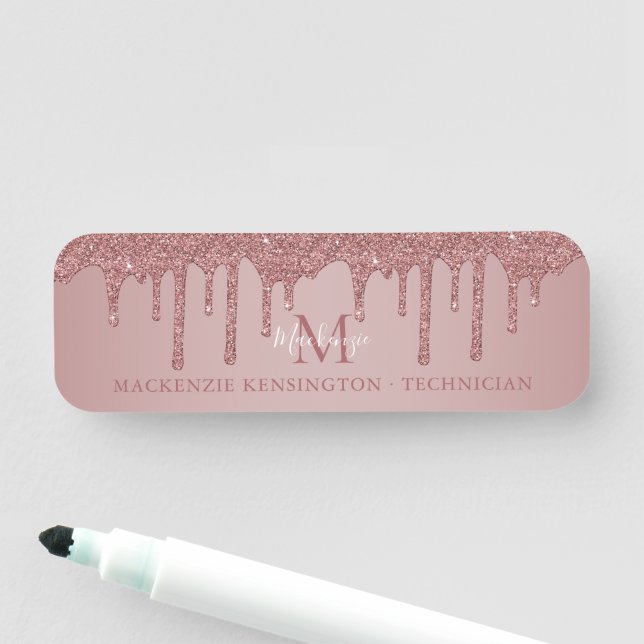 Luxury Rose Gold Dripping Glitter Monogram Name Tag (In Situ)