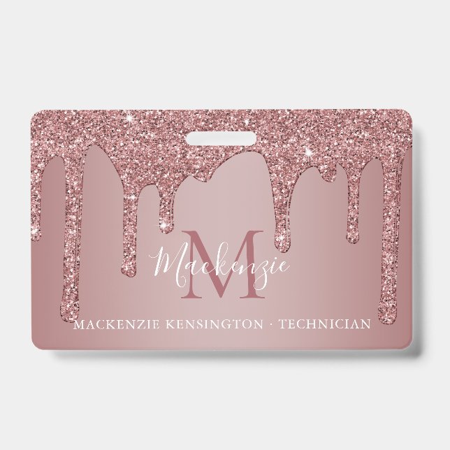 Luxury Rose Gold Dripping Glitter Monogram Photo ID Badge (Front)