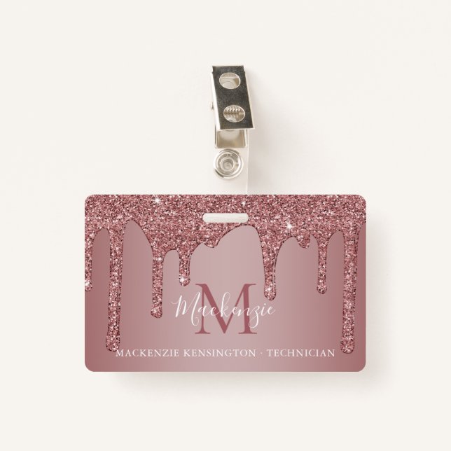 Luxury Rose Gold Dripping Glitter Monogram Photo ID Badge (Front with Clip)