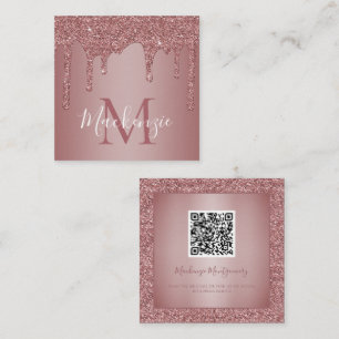 Luxury Rose Gold Dripping Glitter Monogram QR Code Square Business Card