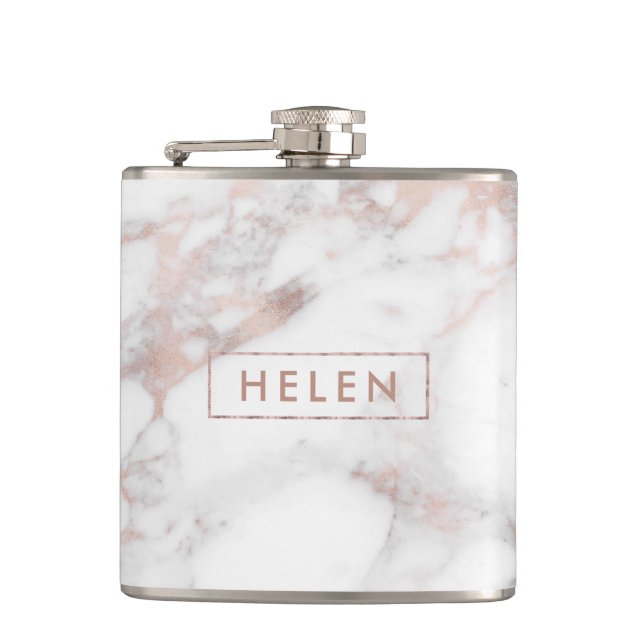Luxury Rose-gold Faux Marble Print Hip Flask (Front)