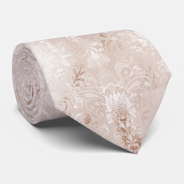 Luxury Rose Gold Foil Damask Pattern Tie (Rolled)
