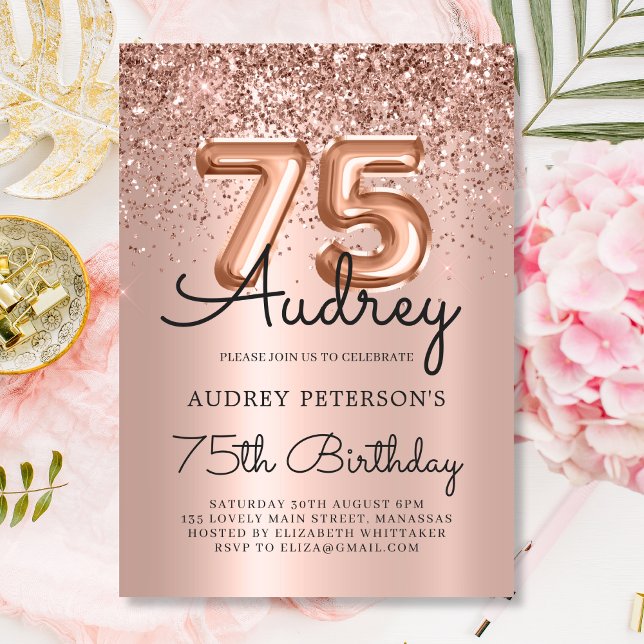 Luxury Rose Gold Glitter Balloon 75th Birthday Invitation (Creator Uploaded)